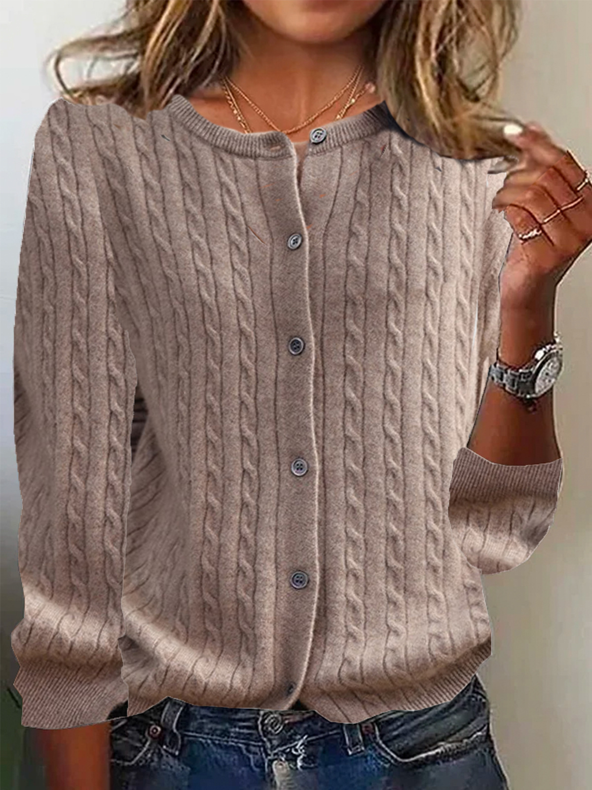 Women’s Cardigan Sweater – Wool Knit – Relaxed Fit – Cable Pattern – Button Front – Long Sleeve