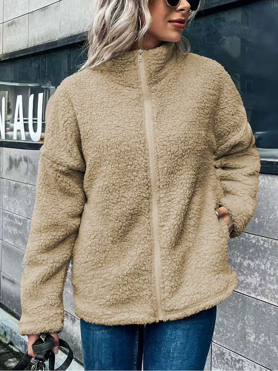 Women’s Fleece Coat – Oversized Fit – Wool Blend – Stand Collar – Long Sleeve Zip