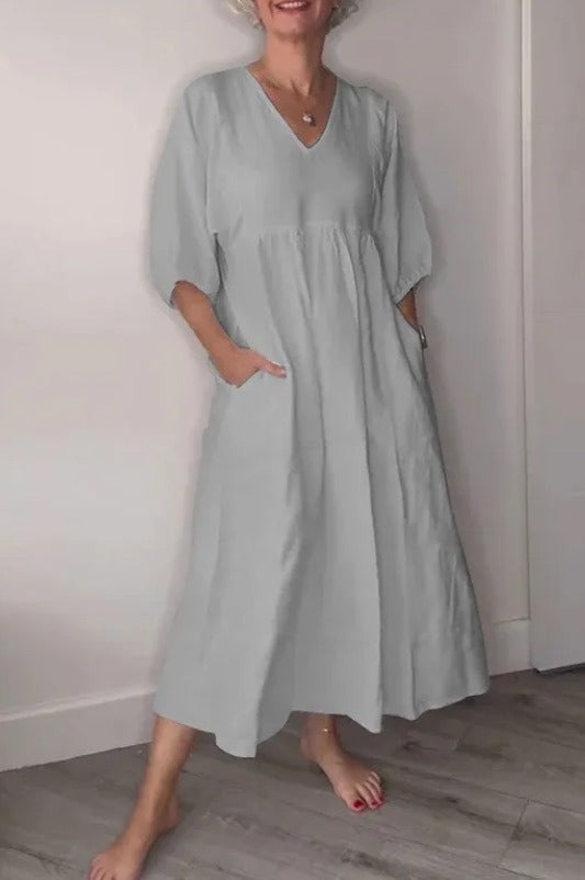 Women’s Midi Dress – Relaxed Fit – Cotton Linen – Deep V-Neck – Cuffed Sleeves – Pockets