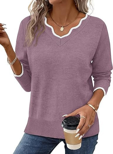 TrendAura Women's Fall V Neck Sweater Cozy Casual Long Sleeve Knit Top For Everyday Wardrobe Essentials