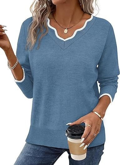TrendAura Women's Fall V Neck Sweater Cozy Casual Long Sleeve Knit Top For Everyday Wardrobe Essentials