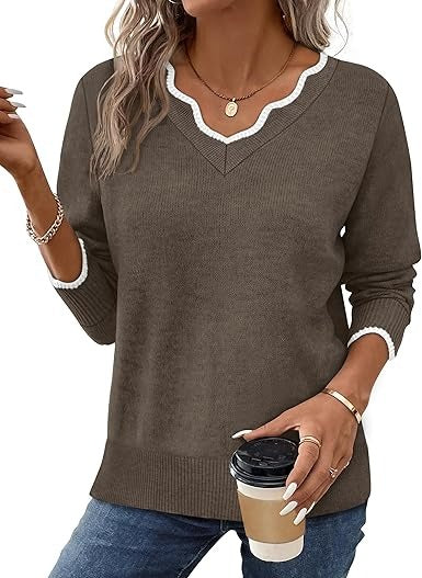 TrendAura Women's Fall V Neck Sweater Cozy Casual Long Sleeve Knit Top For Everyday Wardrobe Essentials