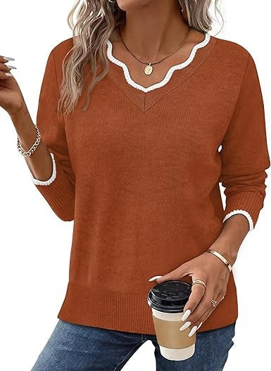 TrendAura Women's Fall V Neck Sweater Cozy Casual Long Sleeve Knit Top For Everyday Wardrobe Essentials