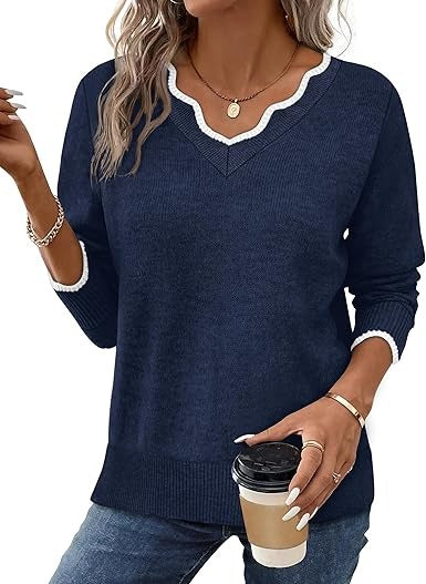 TrendAura Women's Fall V Neck Sweater Cozy Casual Long Sleeve Knit Top For Everyday Wardrobe Essentials