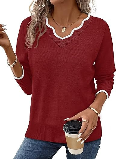 TrendAura Women's Fall V Neck Sweater Cozy Casual Long Sleeve Knit Top For Everyday Wardrobe Essentials