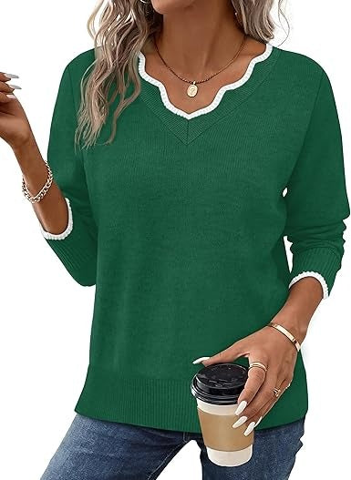 TrendAura Women's Fall V Neck Sweater Cozy Casual Long Sleeve Knit Top For Everyday Wardrobe Essentials