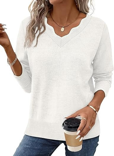 TrendAura Women's Fall V Neck Sweater Cozy Casual Long Sleeve Knit Top For Everyday Wardrobe Essentials