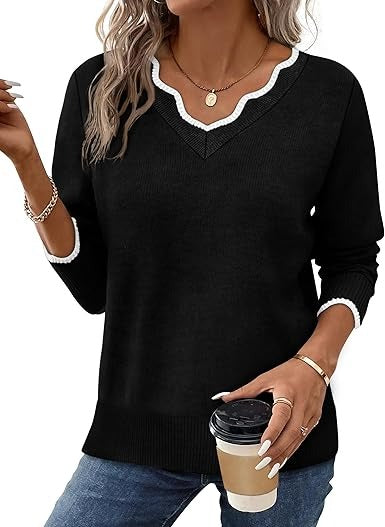 TrendAura Women's Fall V Neck Sweater Cozy Casual Long Sleeve Knit Top For Everyday Wardrobe Essentials
