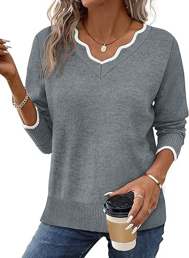TrendAura Women's Fall V Neck Sweater Cozy Casual Long Sleeve Knit Top For Everyday Wardrobe Essentials