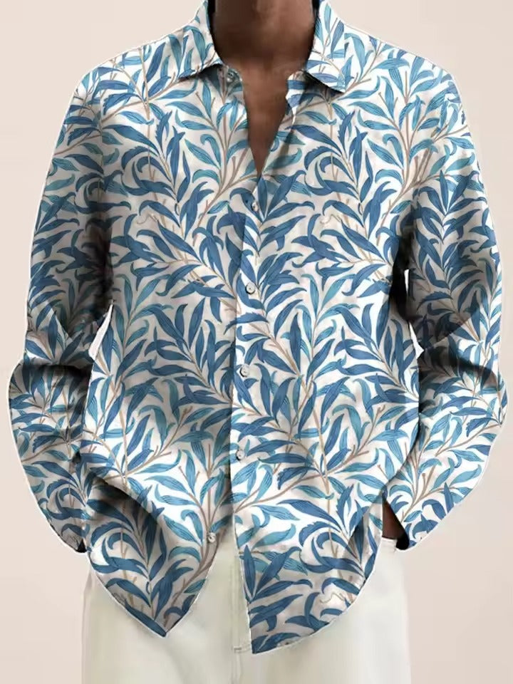 TrendAura Mens Navy Floral Shirt With White Blossom Pattern Casual Button Down For Brunch And Date Night