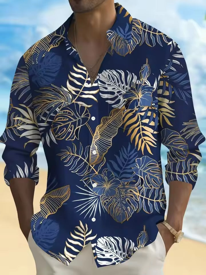 TrendAura Mens Navy Floral Shirt With White Blossom Pattern Casual Button Down For Brunch And Date Night