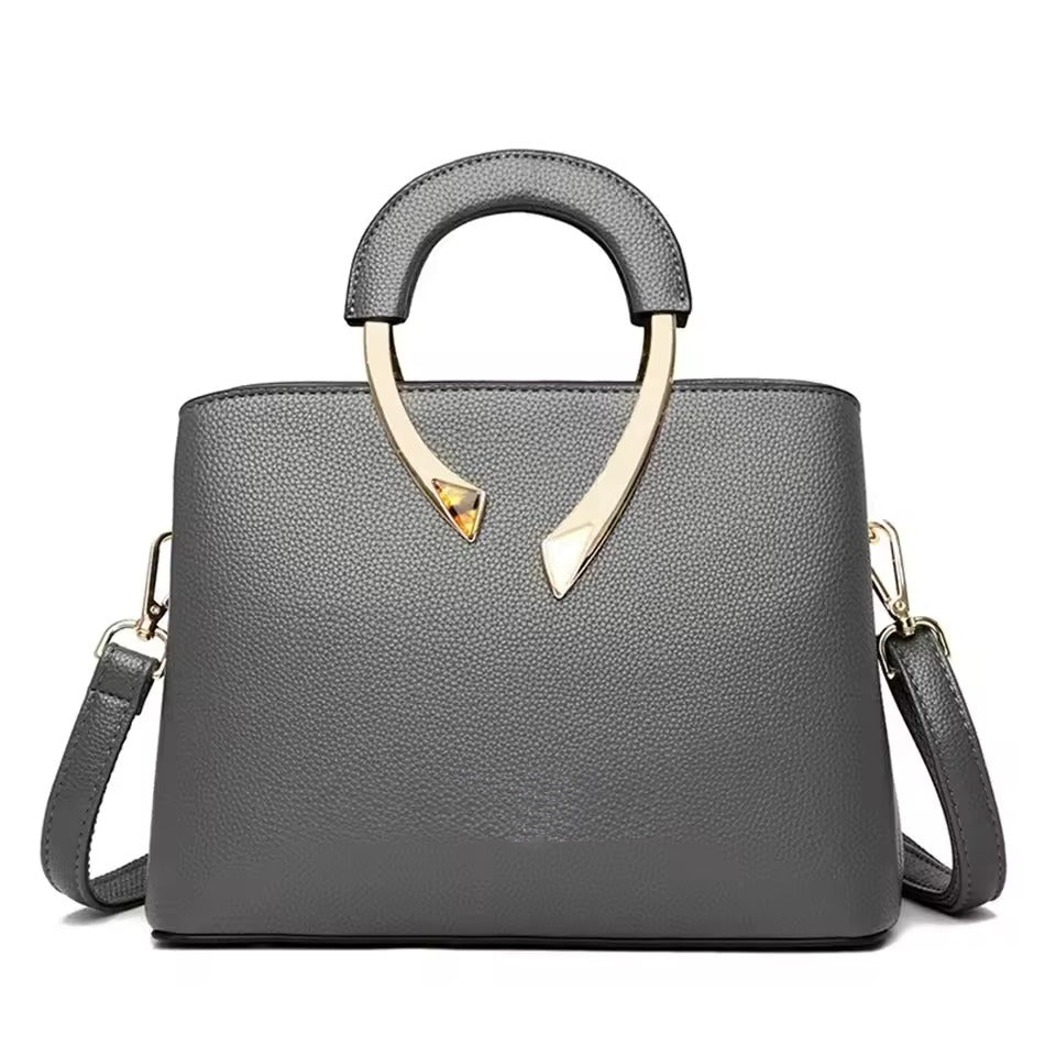 TrendAura Pebbled Leather Handbag With Gold Metal Handle - Polished Structured Everyday Essential
