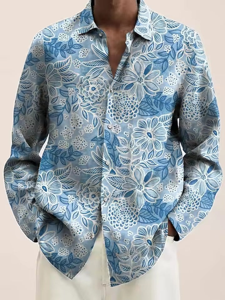 TrendAura Mens Navy Floral Shirt With White Blossom Pattern Casual Button Down For Brunch And Date Night
