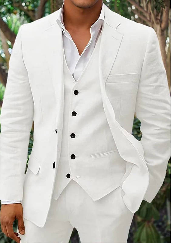 Men's Linen 3-Piece Suit For Beach Weddings And Summer Parties Breathable Lightweight Formalwear