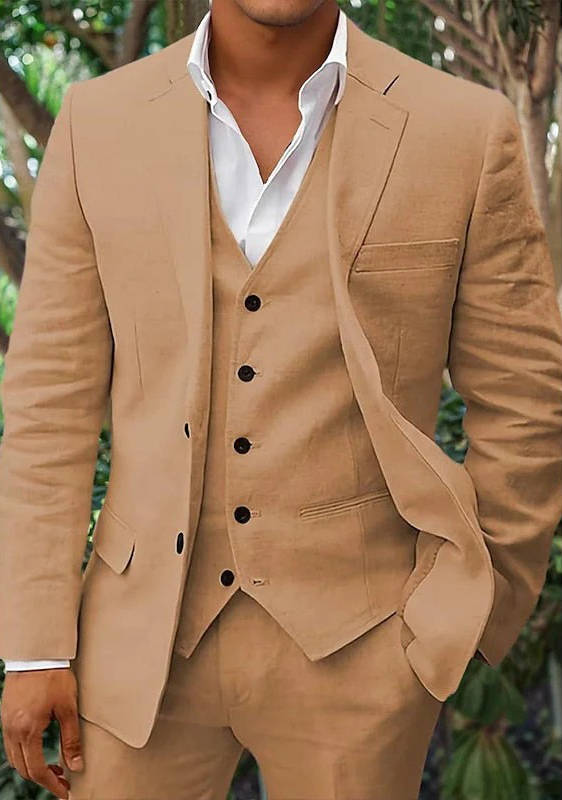 Men's Linen 3-Piece Suit For Beach Weddings And Summer Parties Breathable Lightweight Formalwear