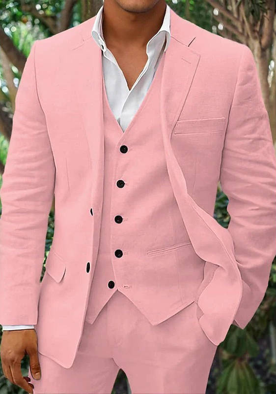 Men's Linen 3-Piece Suit For Beach Weddings And Summer Parties Breathable Lightweight Formalwear