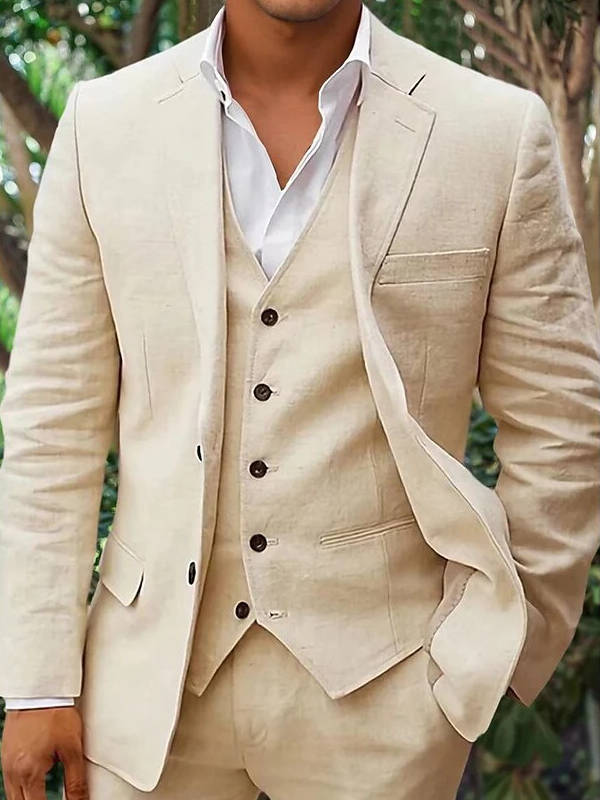 Men's Linen 3-Piece Suit For Beach Weddings And Summer Parties Breathable Lightweight Formalwear