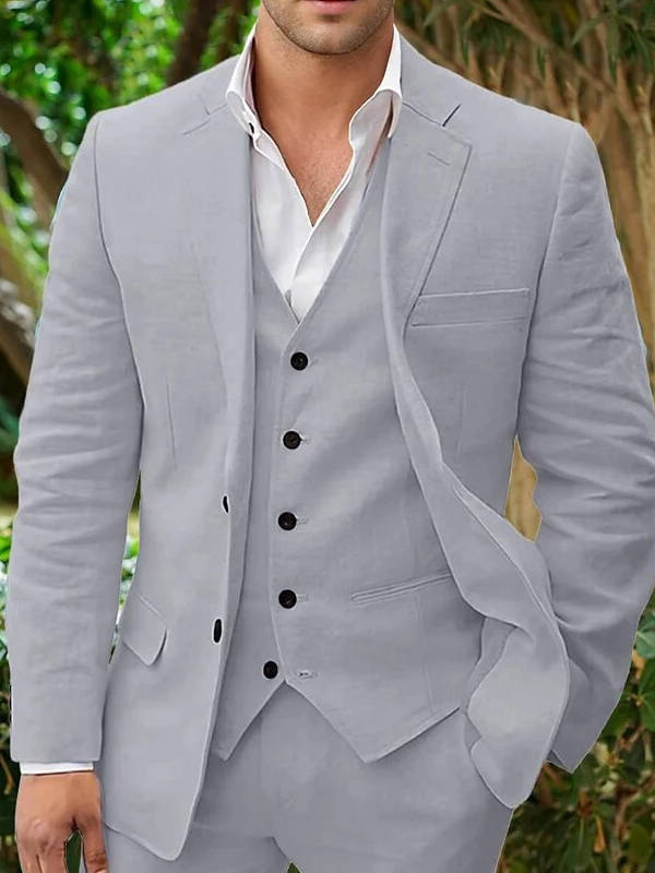 Men's Linen 3-Piece Suit For Beach Weddings And Summer Parties Breathable Lightweight Formalwear