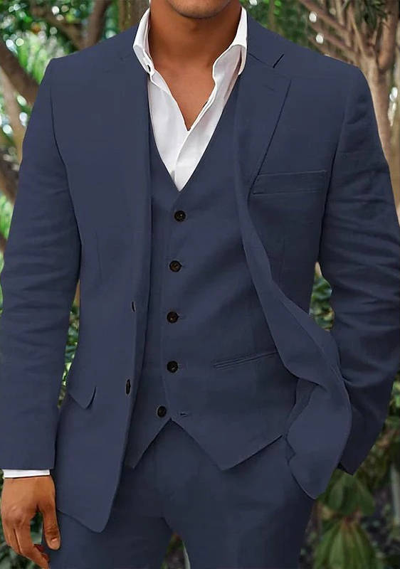 Men's Linen 3-Piece Suit For Beach Weddings And Summer Parties Breathable Lightweight Formalwear