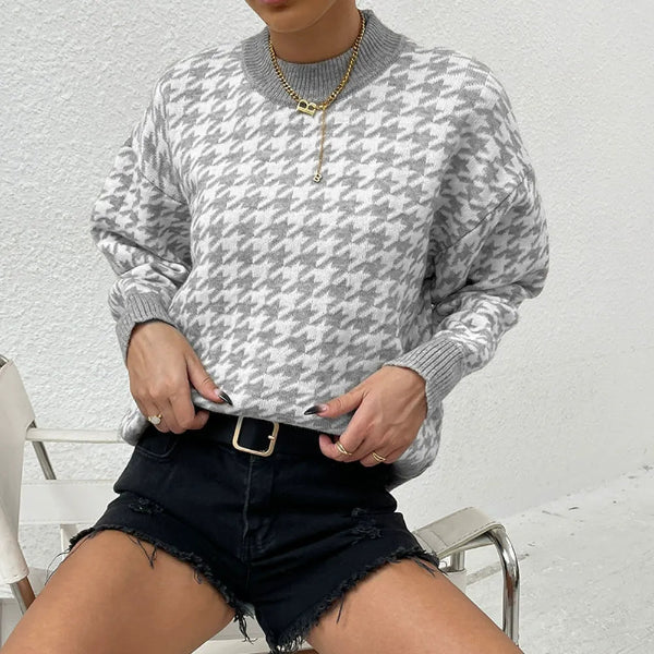 Women’s Pullover Sweater – Relaxed Fit – Wool Blend – Houndstooth – Ribbed Trim