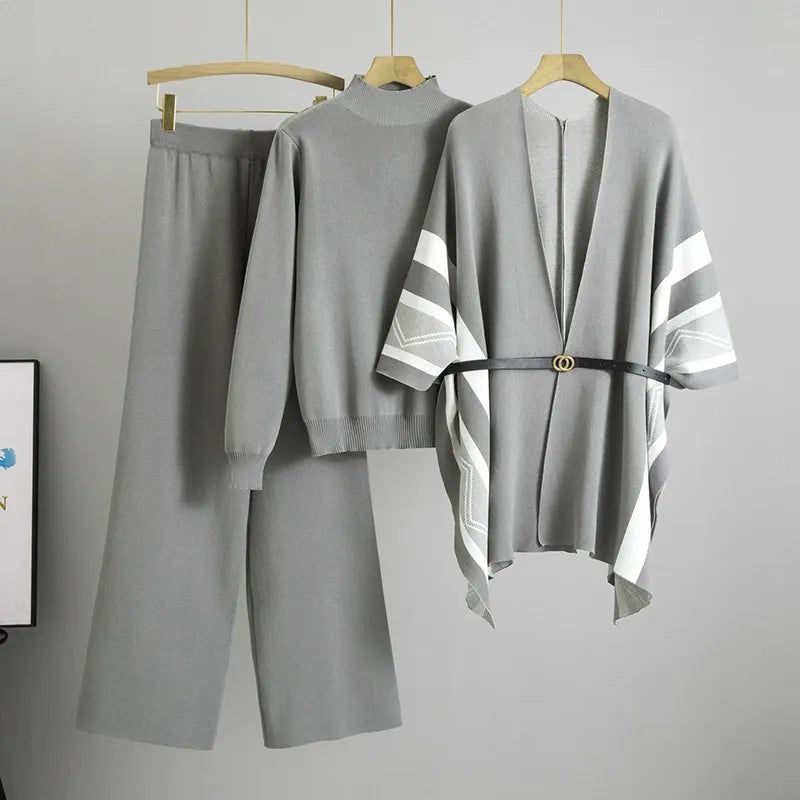 Women’s Three-Piece Shawl Cardigan – Knitted Soft Drape – Belted Mid-Thigh Length – Striped Sleeve