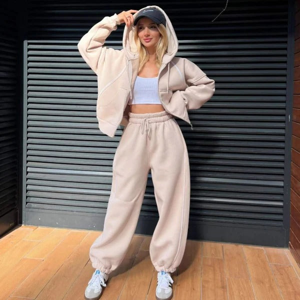 Women’s Hoodie and Jogger Set – Oversized Fit – Cotton Fleece – Zipper Front – Drawstring Waist