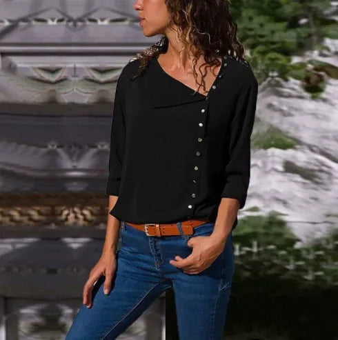 Women’s Long Sleeve Shirt – Loose Fit – Asymmetrical Button Front – Casual Style