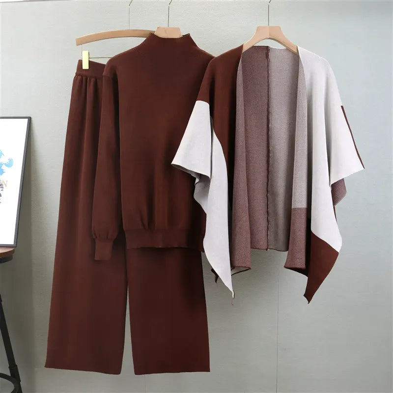 Women’s Knitted Three-Piece Suit – Mock Neck Sweater – Wide-Leg Pants – Cape Layer