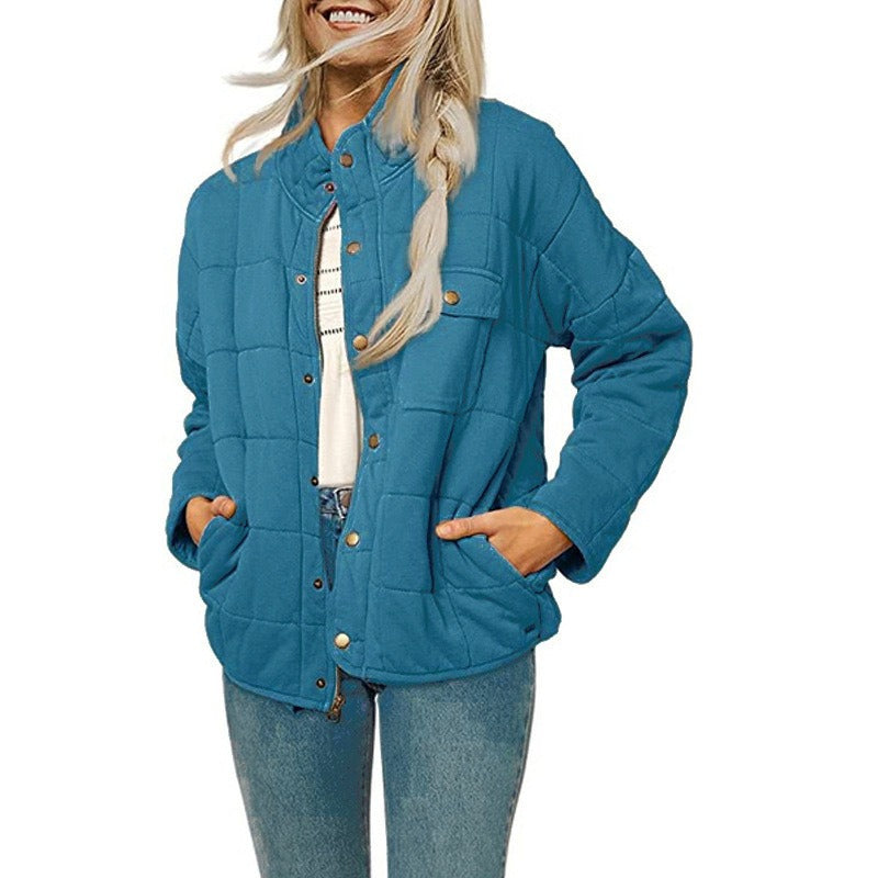 Women’s Quilted Jacket – Loose Fit – Stand Collar – Button Front – Mid Length Casual