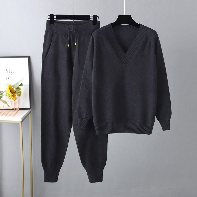 Women’s Knit Lounge Set – V-Neck Sweater – Relaxed Fit Joggers – Ribbed Trim