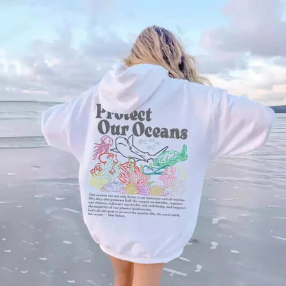 Women’s Hooded Sweatshirt – Oversized Fit – Cotton Feel – Marine Graphic Back Print