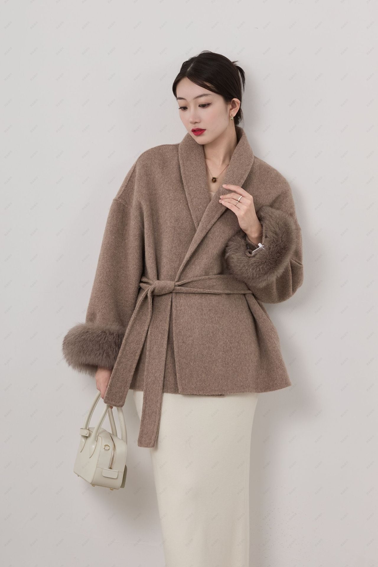 Women’s Short Coat – Wrap Fit Wool Blend – Shawl Collar – Belted with Removable Cuffs