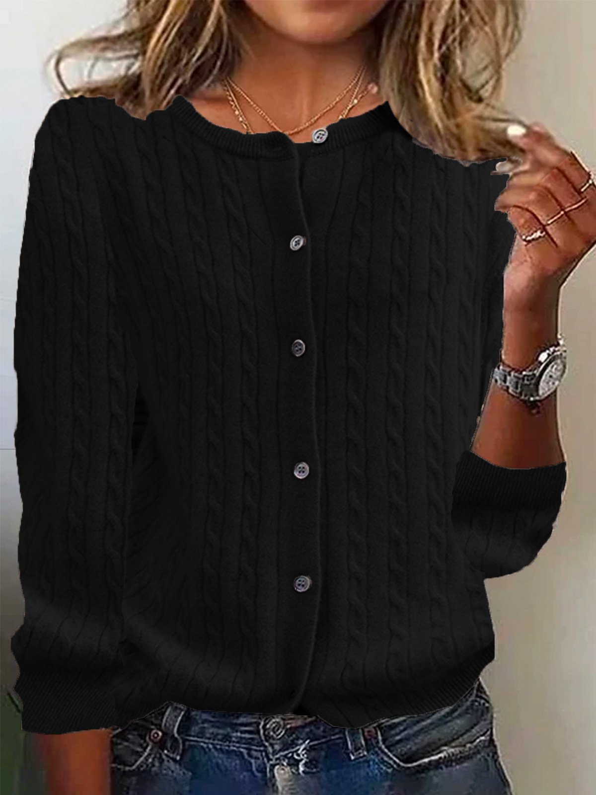 Women’s Cardigan Sweater – Wool Knit – Relaxed Fit – Cable Pattern – Button Front – Long Sleeve