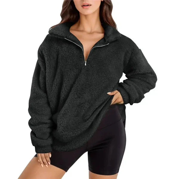Women’s Fleece Pullover – Oversized Fit – Half Zip – Stand Collar – Long Sleeve