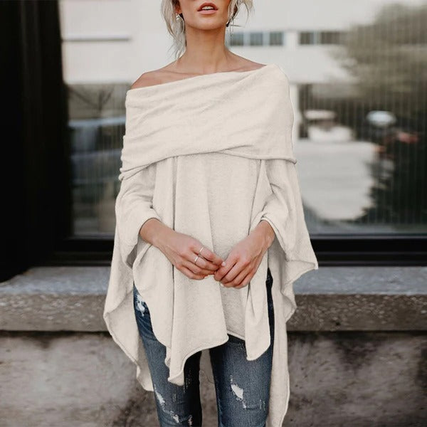 Women’s Long Sleeve Top – Off Shoulder – Relaxed Fit – Knit Fabric – Asymmetrical Hem