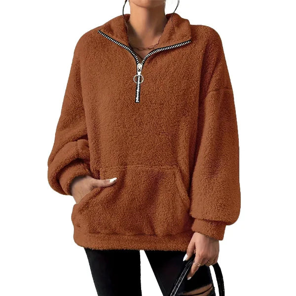 Women’s Fleece Sweatshirt – Oversized Fit – Half Zip – Stand Collar – Kangaroo Pocket