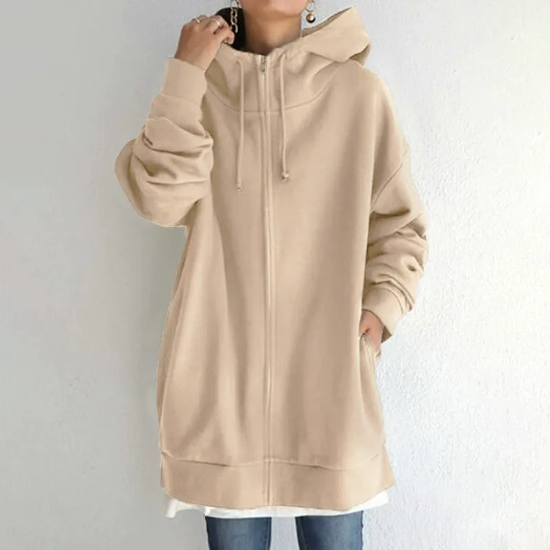 TrendAura Women's Oversized Fleece Zip Front Hoodie With Side Pockets
