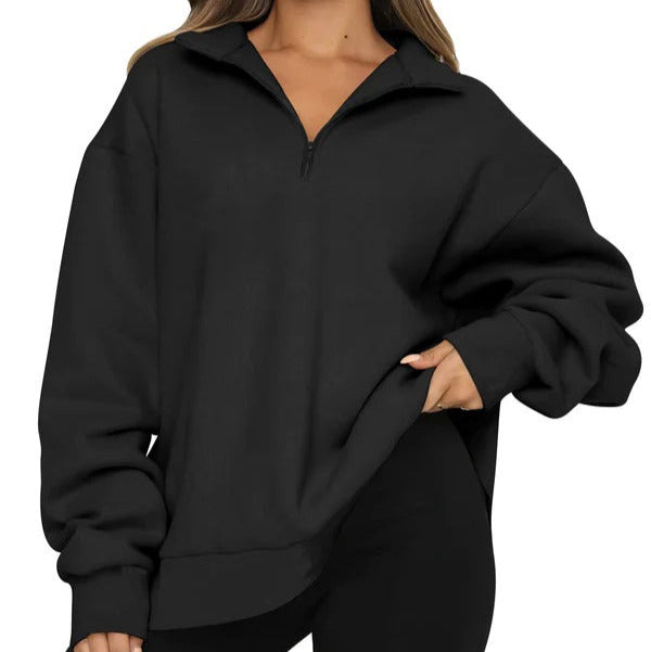 Women’s Sweatshirt – Oversized Fit – Cotton Feel – High Collar – Short Zip – Casual Wear