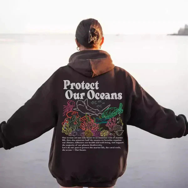 Women’s Hooded Sweatshirt – Oversized Fit – Cotton Feel – Marine Graphic Back Print
