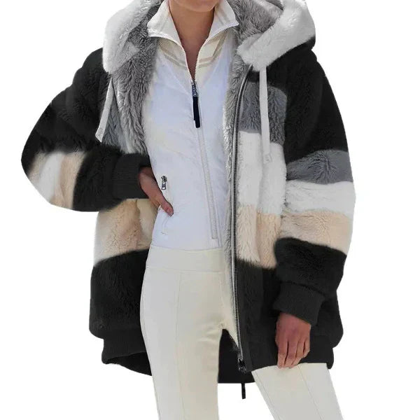 Women’s Hooded Jacket – Oversized Fit – Plush Faux Fur – Zip Front – Ribbed Cuffs