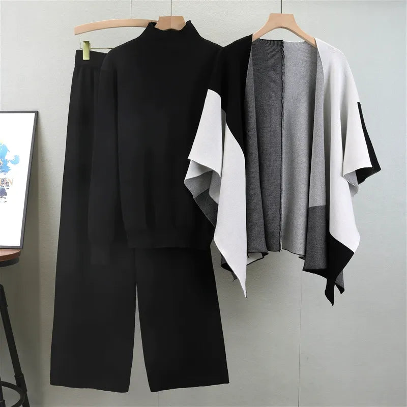 Women’s Knitted Three-Piece Suit – Mock Neck Sweater – Wide-Leg Pants – Cape Layer