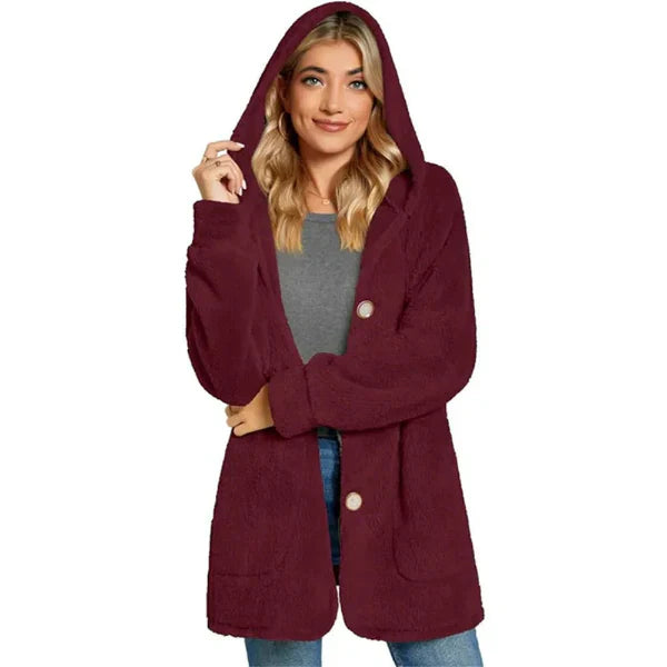 Women’s Hooded Cardigan – Plush Furry Knit – Oversized Fit – Button Front – Pockets