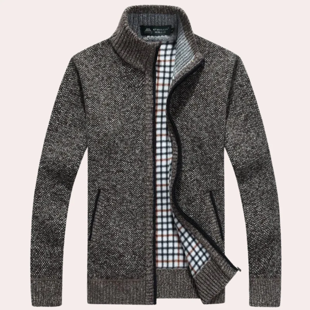 Men's Cardigan In Relaxed Fit With Textured Knit Zip Front Stand Collar And Ribbed Trim By TrendAura