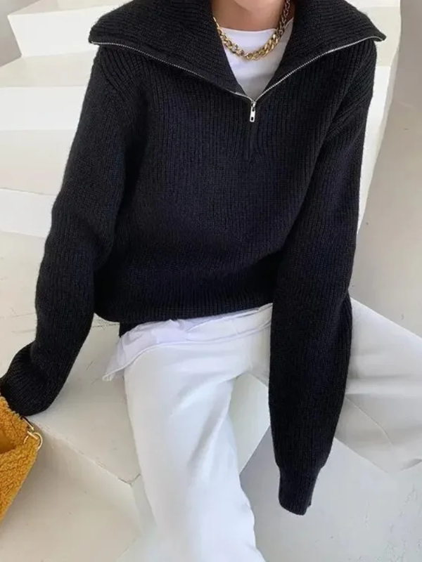 Women’s Pullover Sweater – Wool Knit – Relaxed Fit – High Zip Collar – Ribbed Trim