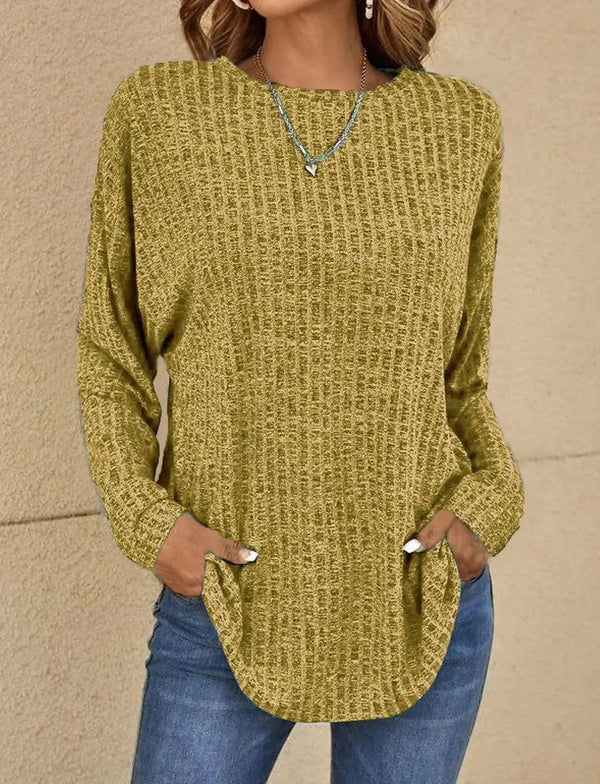 Women’s Long Sleeve Top – Relaxed Fit – Ribbed Knit – Rounded Neck – Hip Length