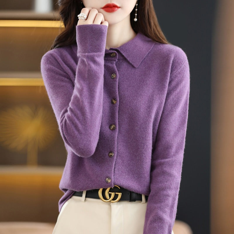 Women’s Cardigan Sweater – Wool Blend – Relaxed Fit – Polo Collar – Button Down