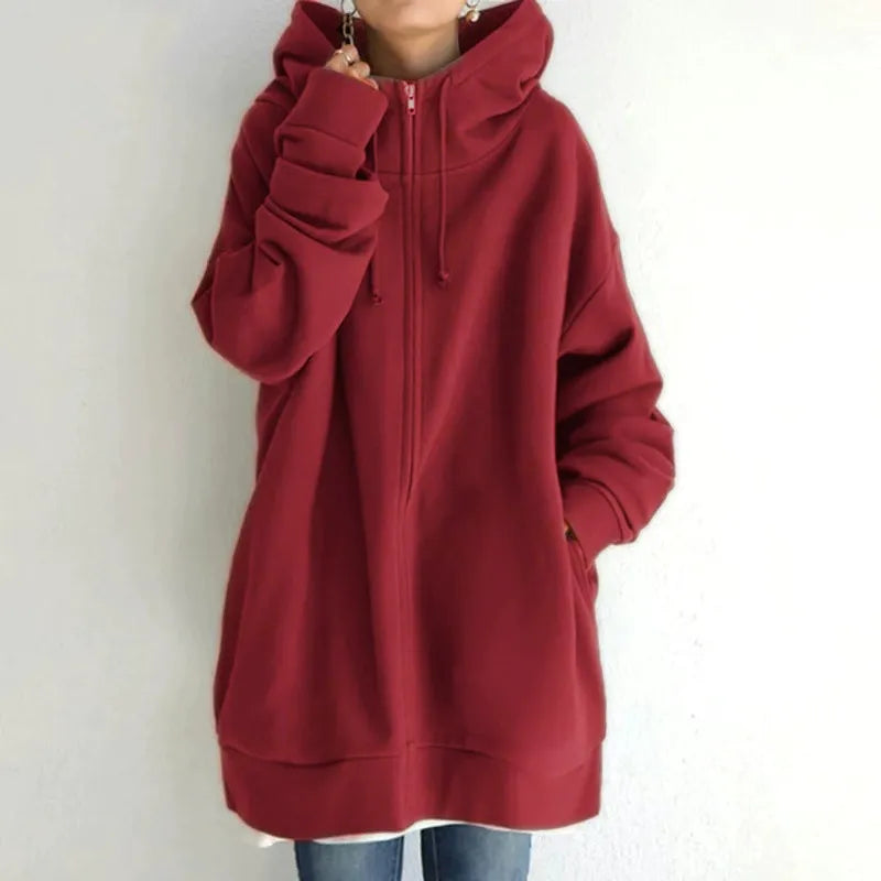 TrendAura Women's Oversized Fleece Zip Front Hoodie With Side Pockets