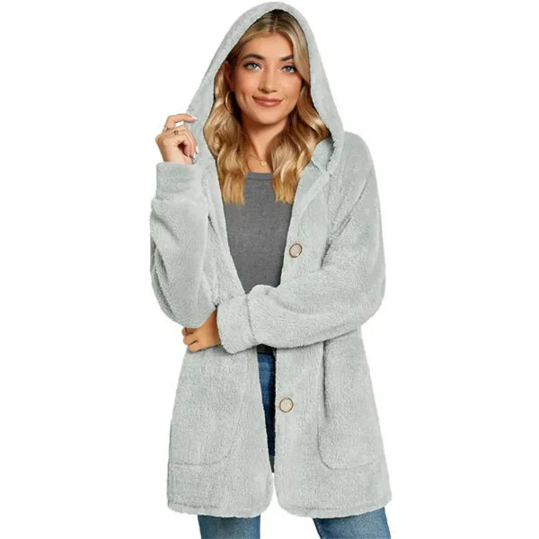 Women’s Hooded Cardigan – Plush Furry Knit – Oversized Fit – Button Front – Pockets
