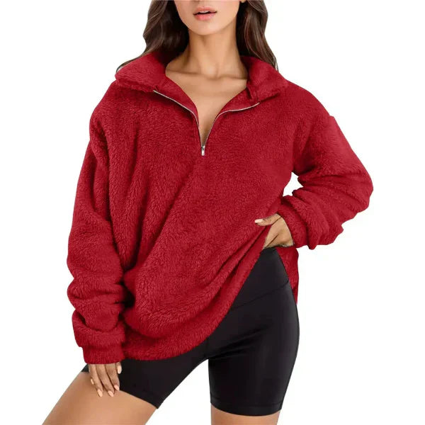 Women’s Fleece Pullover – Oversized Fit – Half Zip – Stand Collar – Long Sleeve