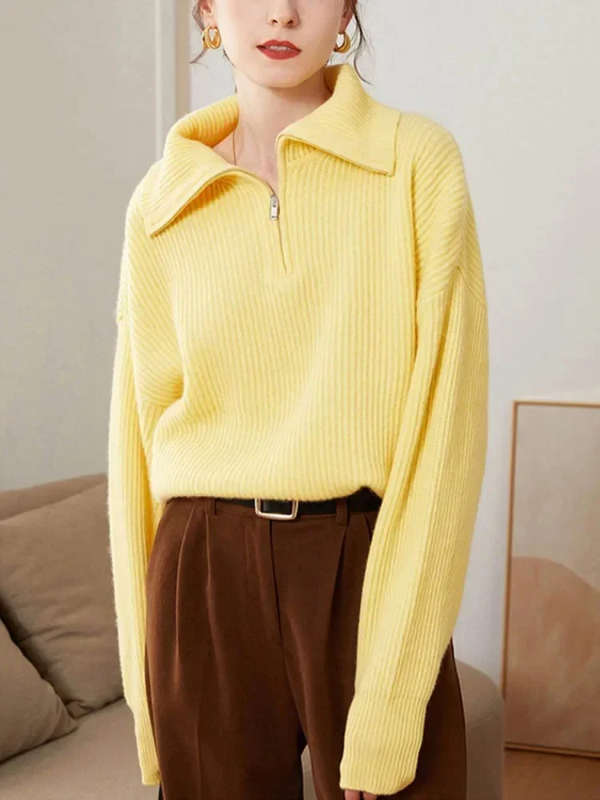 Women’s Pullover Sweater – Wool Knit – Relaxed Fit – High Zip Collar – Ribbed Trim